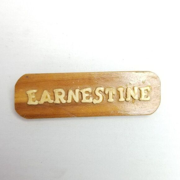 Vintage Earnestine Name Spell Out Wooden Handmade Brooch, Rectangle Shape - Picture 5 of 6
